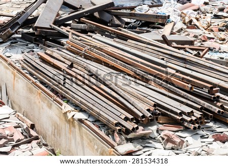 Steel pile near the demolition site of old factory.