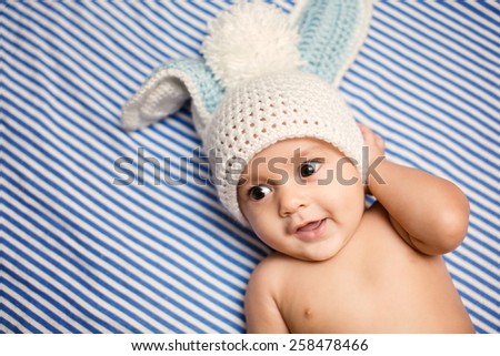 Baby boy in a bunny rabbit hat