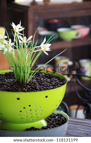 Closeup of white wild flowers in green vase with coffee seed for decoration. taken in a coffee shop, shallow DOF.