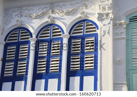 Image of old Chino-Portuguese windows (European Retro) architecture style in old town Phuket, South of Thailand.