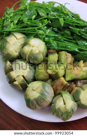 Thai food. set of boiled vegetables, usually eat with chili sauce