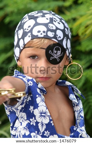 Pirate kid pointing toy sword, with ear ring