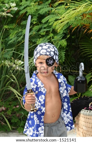 Pirate kid standing, with a sword in a hand and a hook in the other