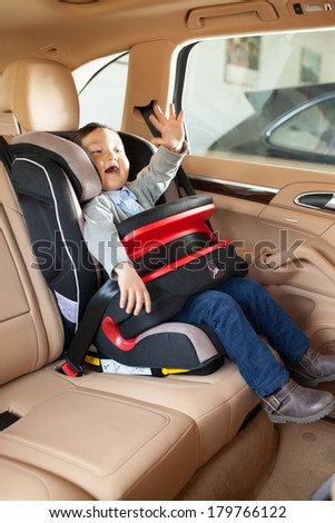 Luxury baby car seat for safety with happy kid say hi