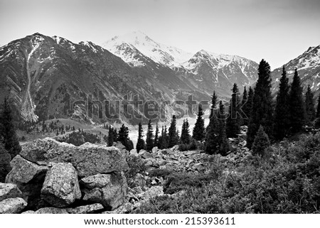 Big Almaty Lake ,Tien Shan Mountains in Almaty, Kazakhstan, Asia at summer. Black and white.
