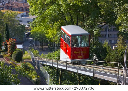 BERN, SWITZERLAND - JUNE 16: Capital city of Bern with view to the cable car Marzili-Bern on June 16, 2012. The cable car is connecting the lower district Marzilli-Matte with the higher ones of Bern.