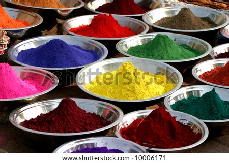 colorful tika powders on indian market, india