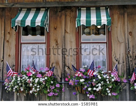 Flags and flowers outside window