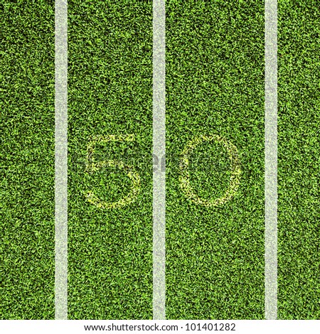 View top of 50 yard line on American football field.