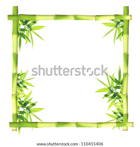 Bamboo leaves frame with bamboo steams on white background