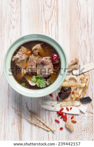 Top view, stew of pork and herbal soup, ba kut teh