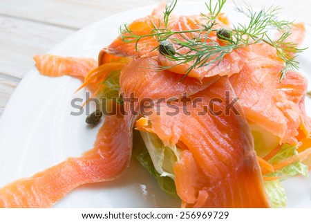 Close up smoke salmon on white dish