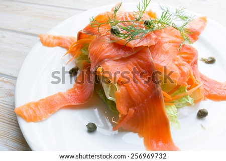 Close up smoked salmon on white dish