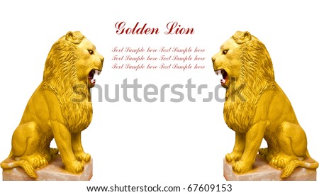 2 Golden lion statue on white background with space for your text