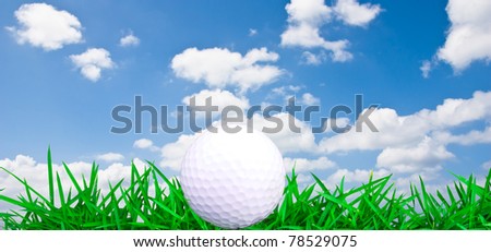 Golf ball on green grass with blue sky