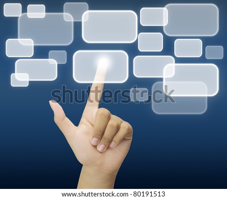 Human hand pushing a button on a touch screen interface