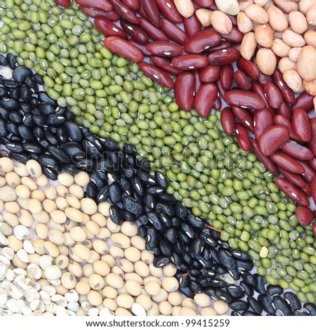Varieties of beans for background, Job Tear, Soy Bean, Black Bean, Mung Bean, Red Kidney bean, Ground bean