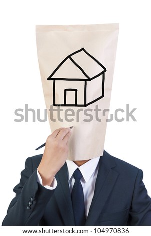 Businessman cover head draw home on his face