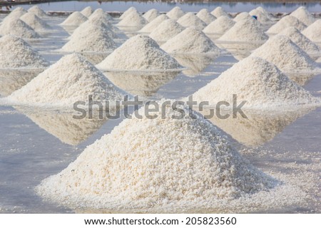 Heap of sea salt in a field prepared for harvest  in Thailand