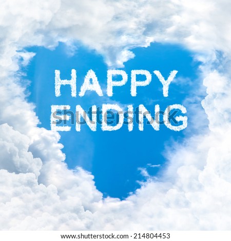 Happy ending word on blue sky inside heart cloud form