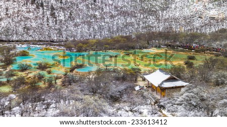 Huanglong Scenic and Historic Interest Area panorama in winter snow season, SiChuan, China. This place is famous in China.
