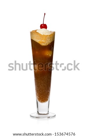 Root beer float garnished with a cherry against a white background.