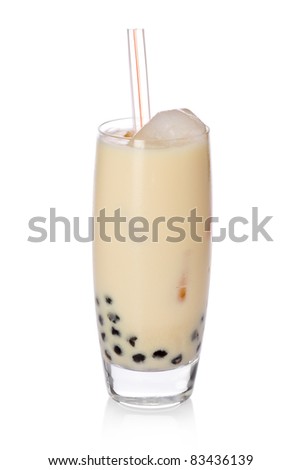 A glass of sweet banana milk tea with tapioca pearls, and straw on white background.