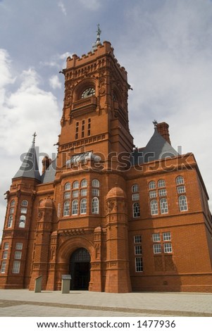 Red brick Victorian Offices and clock tower built in Cardiff Bay for the Bute Docks Company, UK.