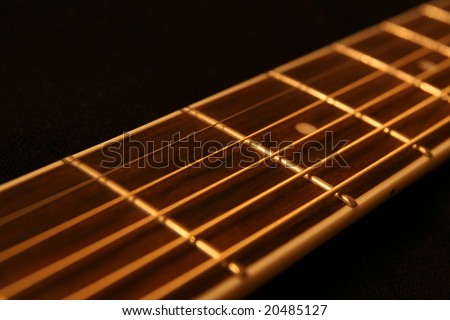 Acoustic guitar brass strings and fret board. Subdued lighting.