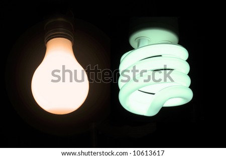 Comparison of incandescent and compact fluorescent bulbs, showing the 