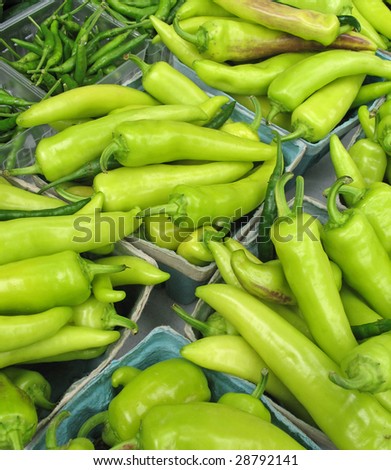 Several types of peppers at a farmers\' market