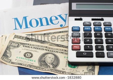 Money Market analysis, calculator, horizontal orientation. closeup, cash, headlines