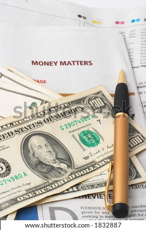 Money Market analysis, calculator, horizontal orientation. closeup, cash, headlines, pen