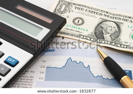 Stock chart analysis, calculator, with cash, horizontal orientation. Text indicates losses, losing stocks. With pen.