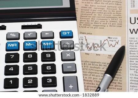 Stock chart analysis, calculator, with pen, horizontal orientation. charts, analysis, ups and downs