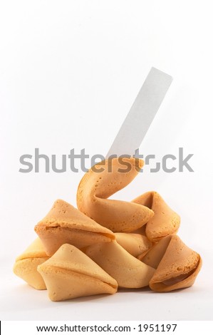 Many Chinese fortune cookies stacked up, one stand out, on white background, side view, with a blank paper for entering own text/fortune