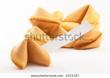 Chinese fortune cookies, on white background, with a white piece of paper for entering own text/fortune