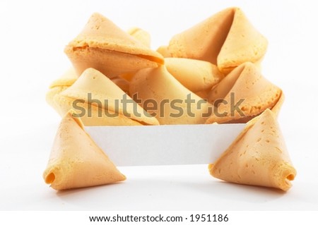 Chinese fortune cookies, on white background, with a white piece of paper for entering own text/fortune