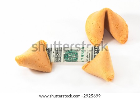 Chinese Fortune Cookie open with money, cash neatly folded inside the snack, on white background. Great luck!
