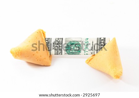 One Chinese Fortune Cookie open with money, cash neatly folded inside the snack, on white background