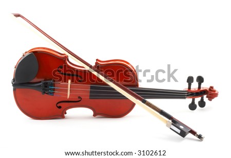 Violin lying down on side, white background, full front view with bow, horizontal, landscape orientation