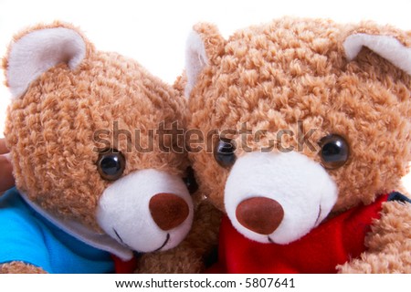 Toy bears (non branded) dress up as a couple, with shirt and dress. Next to each other cuddling, closeup. Good to represent valentines day.