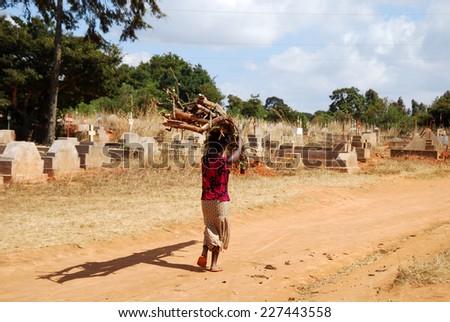 August 2014-Village of Pomerini-Tanzania-Africa-An African woman on the head while carrying a bundle of firewood in the background the-cemetery outside the village with many deaths due to AIDS