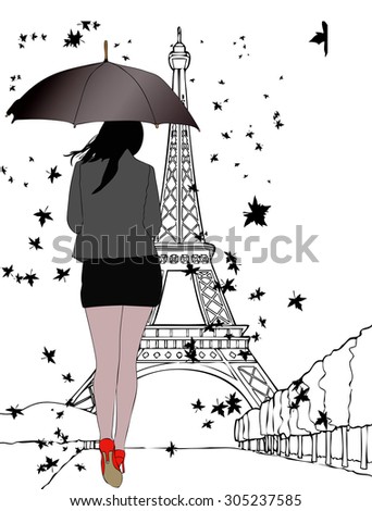 One autumn day in Paris - Illustration depicting a woman walking in Paris in an autumn day