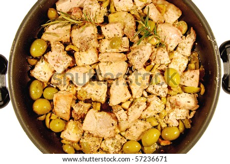 Diced pork cooked with green olives, olive oil, garlic and rosemary