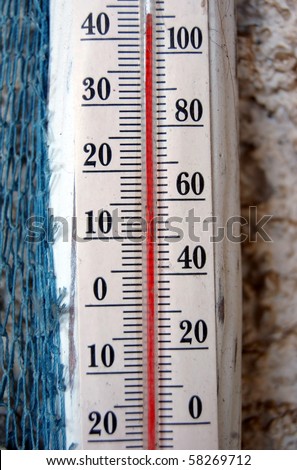 Detail of a thermometer that marks the temperature at a summer day