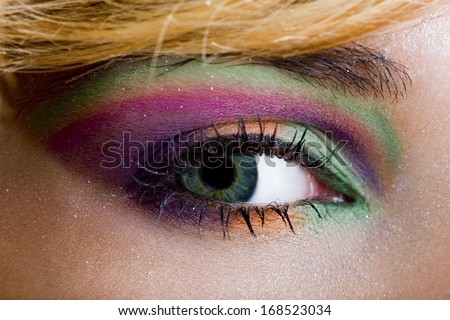 Modern fashion green violet makeup of a female eye - macro shot