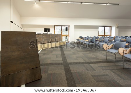 Speaker\'s table in Interior of a modern conference hall