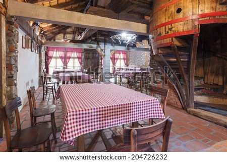 Interior of a rustic wine restaurant