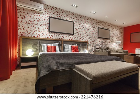 Specious hotel bedroom interior  in the evening